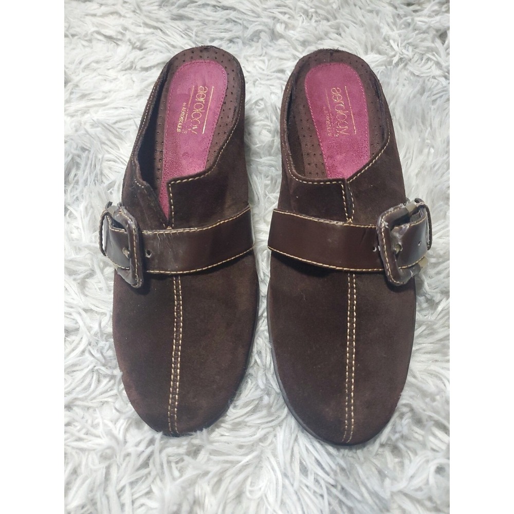 Aerology By Aerosoles Women's Clogs Wedge Mule Brown Suede Split Toe Size 8